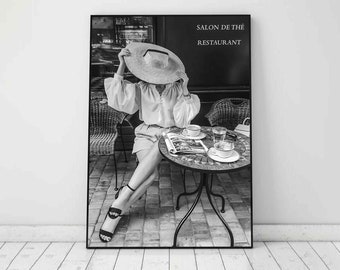 Woman Drinking Coffee in Restaurant Print, Vintage Fashion Poster, Black and White Paris Photography, Dining Room Wall Art, Digital Download
