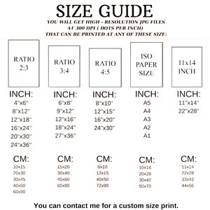 May include: A size guide for digital prints, showing different aspect ratios and corresponding inch and centimeter measurements. The guide includes standard paper sizes like A5, A4, A3, A2, and A1.