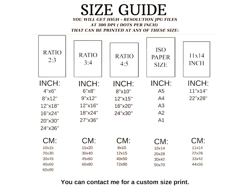May include: A size guide for digital prints, showing different aspect ratios and corresponding inch and centimeter measurements. The guide includes standard paper sizes like A5, A4, A3, A2, and A1.
