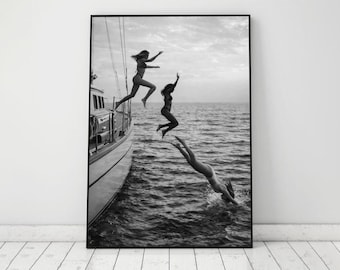 Vintage Yacht Jump Print, Old Money Aesthetic Poster, Black and White, Coastal Print, Summer Wall Art, Girls Bedroom Decor, Digital Download