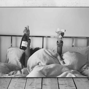 Woman Drinking Wine in Bed Print, Bar Cart Poster, Black and White, Alcohol Wall Art, Feminist Print, Girls Bedroom Decor, Digital Download
