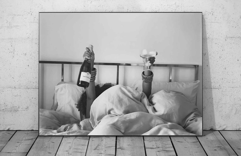 Woman Drinking Wine in Bed Print, Bar Cart Poster, Black and White, Alcohol Wall Art, Feminist Print, Girls Bedroom Decor, Digital Download