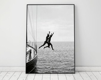Boat Jump Print, Black and White, Coastal Wall Art, Sea Photography, Digital Download