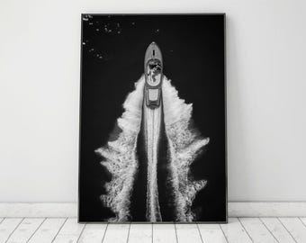 Black and White Yacht Print, Luxury Boat Wall Art, Vintage Photography Home Decor, Digital Download