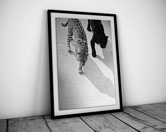 Cheetah and Jaguar Walking Print, Black and White Wall Art, Vintage Photography, Fashion Print, 1950s, Printable Wall Art, Digital Download