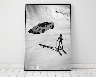 Vintage Ski Poster, Retro Porsche 911 Print, Black and White, Photography Prints, Trendy Wall Art, Hypebeast Room Decor, Digital Download