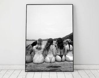 Women Diving Into Water Print: Black and White Vintage Beach Wall Art, Digital Download