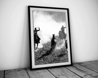 Vintage Cowboy on Horse Print: Black and White Western Farmhouse Decor (Digital Download)