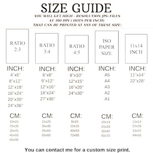 May include: A size guide for digital prints, showing different aspect ratios and corresponding inch and centimeter measurements. The guide includes standard paper sizes like A5, A4, A3, A2, and A1.