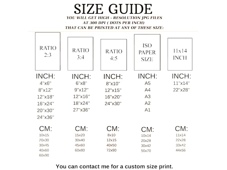 May include: A size guide for digital prints, showing different aspect ratios and corresponding inch and centimeter measurements. The guide includes standard paper sizes like A5, A4, A3, A2, and A1.