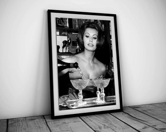 Sophia Loren Drinking Champagne Poster, Black and White, Vintage Wall Art, Old Hollywood Print, Vintage Bar Decor, Alcohol Poster, Bar Print