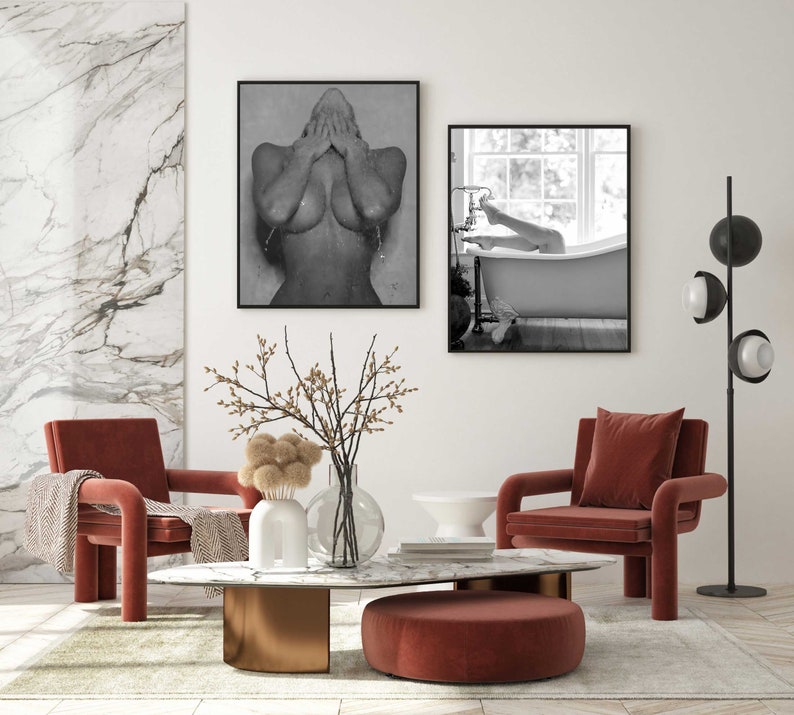 Naked Woman in Bathroom Print, Feminist Poster, Black and White, Bathroom Wall Art, Fashion Print, Feminine Wall Art, Girl Bathroom Decor