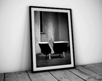 Woman in Bathtub Print, Black and White, Feminist Poster, Bathroom Wall Art, Vintage Photography, Girls Bathroom Decor, Feminine Wall Art