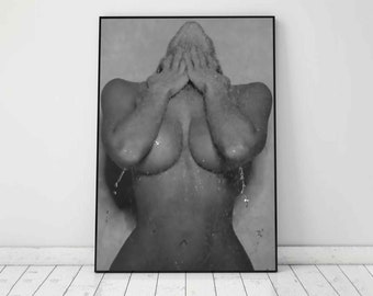 Naked Woman in Bathroom Print, Feminist Poster, Black and White, Bathroom Wall Art, Fashion Print, Feminine Wall Art, Girl Bathroom Decor