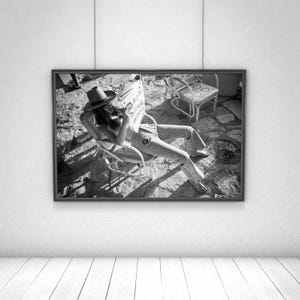 Naked Cowgirl Reading Newspaper Print, Feminist Poster, Black and White