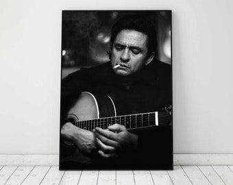 Cartel de fumar de Johnny Cash, blanco y negro, fotografía vintage, arte de pared retro, impresión de Johnny Cash, decoración de estudio de música, descarga digital