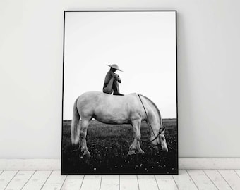 Cowgirl on Horse Print, Black and White Western Wall Art, Vintage Photography, Retro Cowgirl Poster, Teen Girl Room Decor, Digital Download