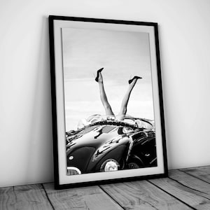 High Heels in Classic Car Poster, Black and White, Feminist Print, Fashion Poster, Teen Girl Room Decor, Printable Wall Art, She Shed Decor