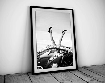 High Heels in Classic Car Poster, Black and White, Feminist Print, Fashion Poster, Teen Girl Room Decor, Printable Wall Art, She Shed Decor