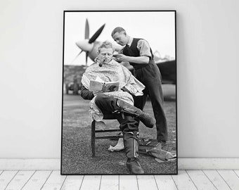 WW2 Barber Shop Print, Pilot Haircut Poster, Black and White Wall Art, Vintage Print, Photography Prints, Hair Salon Decor, Instant Download