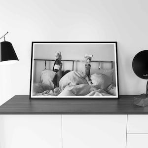 Woman Drinking Wine in Bed Print, Bar Cart Poster, Black and White, Alcohol Wall Art, Feminist Print, Girls Bedroom Decor, Digital Download
