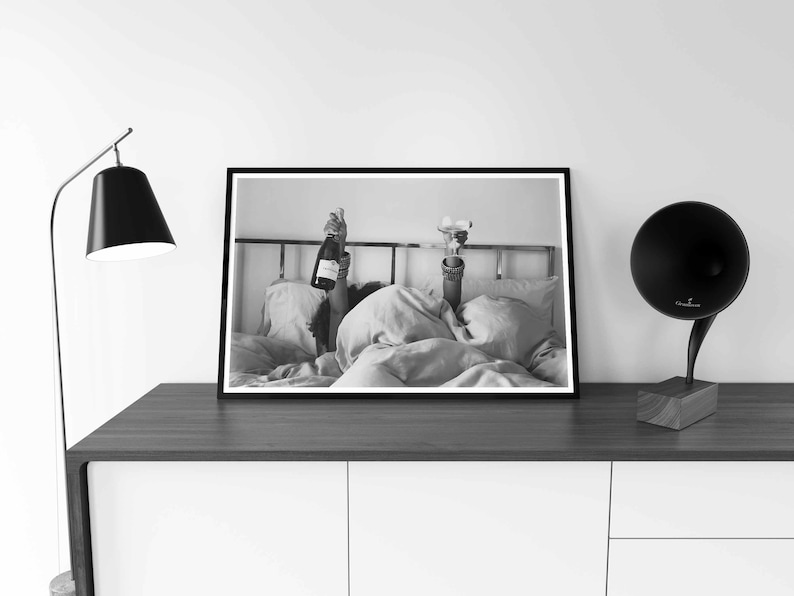 Woman Drinking Wine in Bed Print, Bar Cart Poster, Black and White, Alcohol Wall Art, Feminist Print, Girls Bedroom Decor, Digital Download