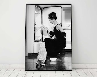 Audrey Hepburn Print, Black and White, Vintage Movie Poster, Retro Wall Art, Old Hollywood Print, Printable, Fashion Photo, Digital Download