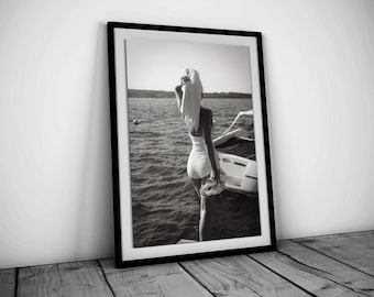 Woman in Beach Print, Black and White, Vintage Fashion Photography, Printable Hypebeast Wall Art, Teen Girl Bathroom Decor, Digital Download