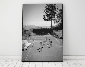 Women Playing Tennis Print, Black and White, Tennis Court Poster, Luxury Sports Wall Art, Playroom Decor, Old Money Poster, Digital Download
