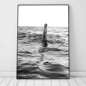 Handstand in Ocean Poster: Black and White Beach Photography Print (Digital Download)
