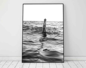 Handstand in Ocean Poster: Black and White Beach Photography Print (Digital Download)