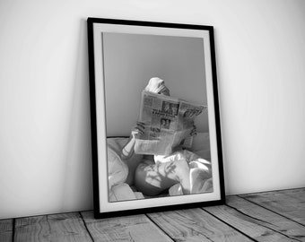 Woman Reading Newspaper in Bed Print, Black and White, Vintage Photography, Fashion Poster, Teen Girl Room Decor, Printable Bedroom Wall Art