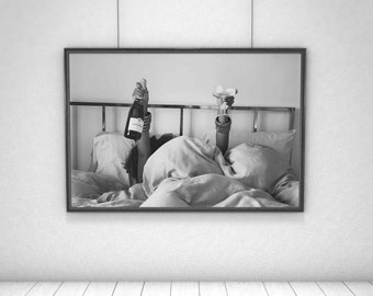 Woman Drinking Wine in Bed Print, Bar Cart Poster, Black and White, Alcohol Wall Art, Feminist Print, Girls Bedroom Decor, Digital Download