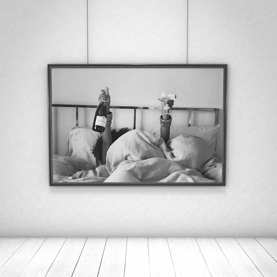 Woman Drinking Wine in Bed Print, Bar Cart Poster, Black and White, Alcohol Wall Art, Feminist Print, Girls Bedroom Decor, Digital Download