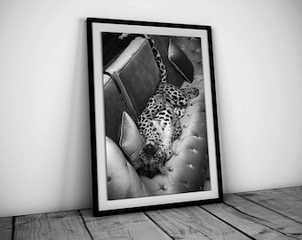 Vintage Cheetah on Sofa Print, Black and White Designer Fashion Wall Art (Digital Download)