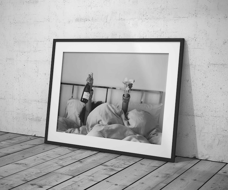 Woman Drinking Wine in Bed Print, Bar Cart Poster, Black and White, Alcohol Wall Art, Feminist Print, Girls Bedroom Decor, Digital Download