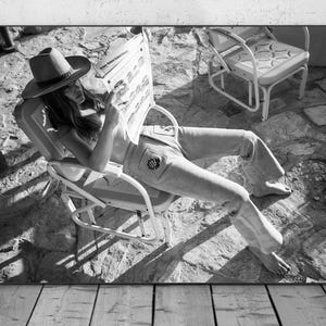 Naked Cowgirl Reading Newspaper Print, Feminist Poster, Black and White
