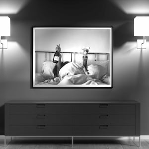 Woman Drinking Wine in Bed Print, Bar Cart Poster, Black and White, Alcohol Wall Art, Feminist Print, Girls Bedroom Decor, Digital Download