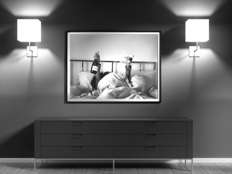 Woman Drinking Wine in Bed Print, Bar Cart Poster, Black and White, Alcohol Wall Art, Feminist Print, Girls Bedroom Decor, Digital Download