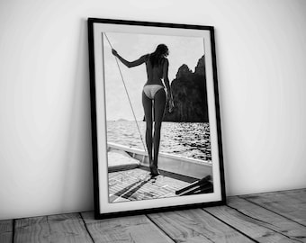 Naked Woman in Boat Print, Beach Poster, Black and White, Vintage Photography, Girls Bathroom Wall Art, Beachy Room Decor, Digital Download