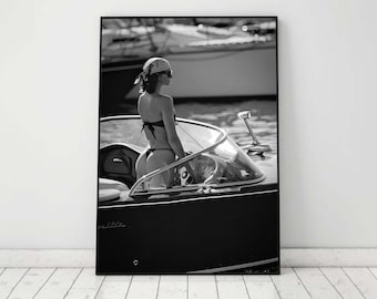 High society girl in Boat Print Black and White, Luxury Fashion Wall Art, Vintage Photography, Digital Download