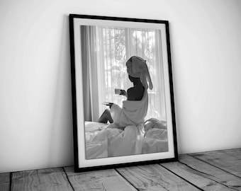 Woman Drinking Coffee in Window Print, Black and White, Printable Bathroom Wall Art, Fashion Photography, Vintage Poster, Digital Download