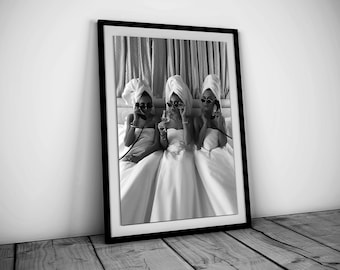 Women Drinking Wine in Bed Print, Feminist Poster, Black and White Wall Art, Luxury Fashion Poster, Bar Cart Print, Maximalist Room Decor