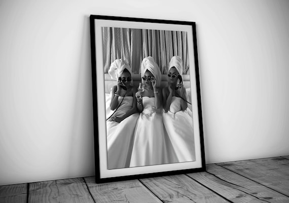 Women Drinking Wine in Bed Print, Feminist Poster, Black and White Wall Art, Luxury Fashion Poster, Bar Cart Print, Maximalist Room Decor