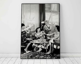Women Drinking Wine Print, Black and White, Prohibition Party, Wall Art, Vintage Poster, Bar Cart Print, She Shed Decor, Prohibition Poster