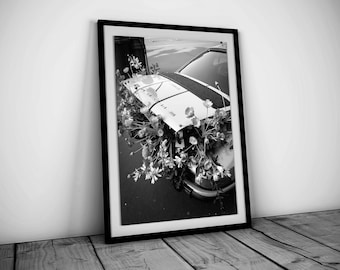 Flowers in Porsche 911 Print, Black and White, Luxury Fashion Poster, Printable Hypebeast Wall Art, Teen Boy Bedroom Decor, Digital Download