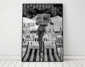 Woman Reading Newspaper Print, Fashion Poster, Black and White, Coastal Wall Art, Vintage Photography, Beachy Room Decor, Digital Download