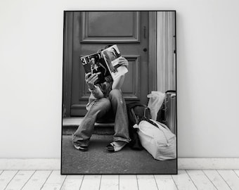 Woman Reading Magazine Print, Old Money Poster, Black and White, Fashion Wall Art, Vintage Photography, Chic Room Decor, Digital Download