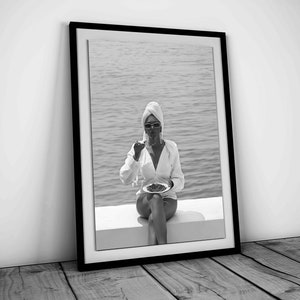 Woman Eating Spaghetti in Beach Print, Black and White, Fashion Poster, Kitchen Wall Art, Pasta Poster, Dining Room Decor, Digital Download