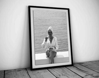Woman Eating Spaghetti in Beach Print, Black and White, Fashion Poster, Kitchen Wall Art, Pasta Poster, Dining Room Decor, Digital Download